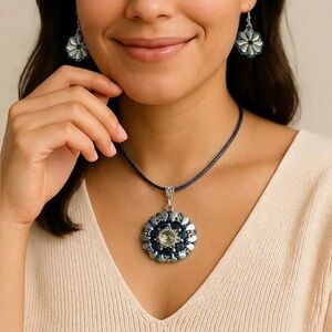 Handmade Blue Floral Statement Pendant Necklace